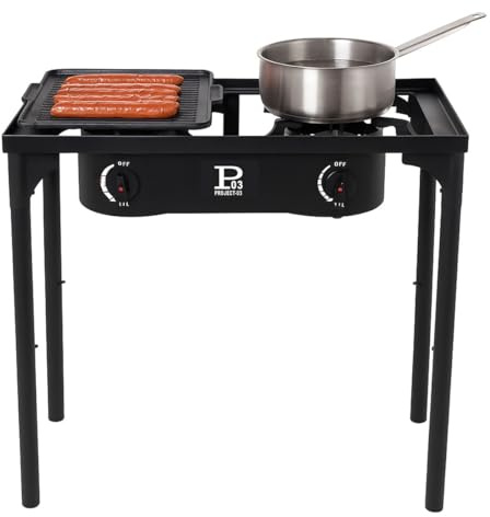 INTEC - Gaskocher mit 2 Brennern, Grill, 9 kW, 2-in-1: 2 Brenner aus Gusseisen + 1 Grillplatte aus Gusseisen, 3 verstellbare Höhen Piezo