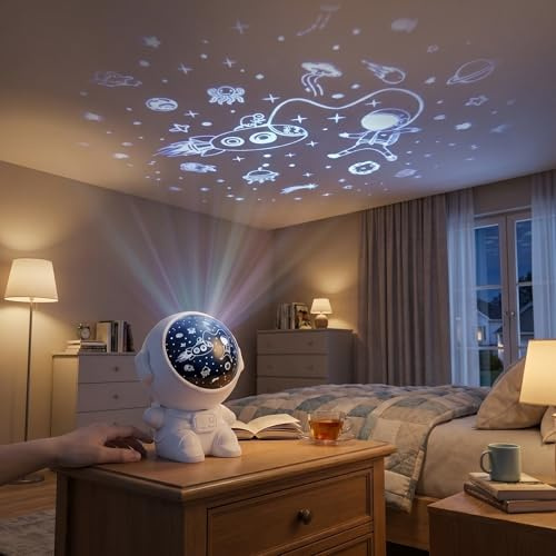 PixelLumens Proiettore Astronauta Stelle e Oceano - Luce Notturna Bambini Musicale con 3 Film 3D, Rotazione 360° e Ricarica USB-C - Regalo Neonato e Lampada Proiettore Stelle soffitto - Bianco