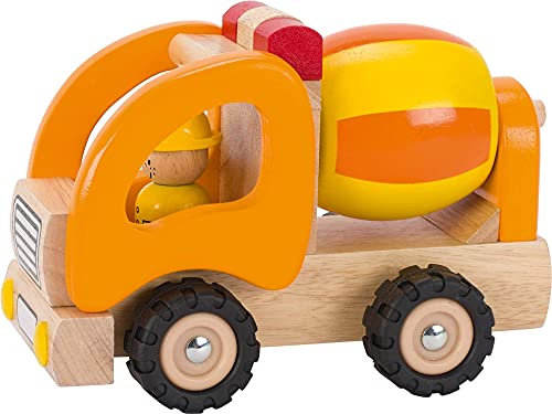 goki 55926 - Betonmischer aus Massivholz, Figur, Robustes Baustellenfahrzeug mit Gummireifen, gelb, drehbarer Mischer, Kinderspielzeug ab 2 Jahre