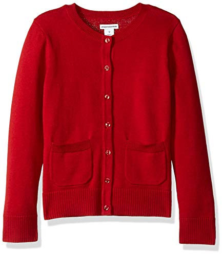 Amazon Essentials Mädchen Schmal Geschnittener Uniform-Cardigan-Pullover Mit Rundhalsausschnitt, Rot, 6-7 Jahre