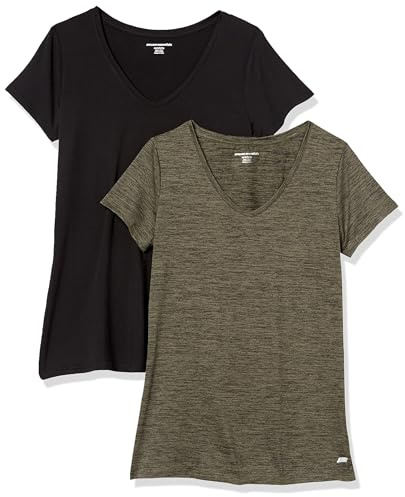 Amazon Essentials T-shirt Stretch et Quick Dry, Col en V et Manches Courtes (Disponible en Grande Taille) Femme, Lot de 2, Noir/Teinture Spatiale Olive, L