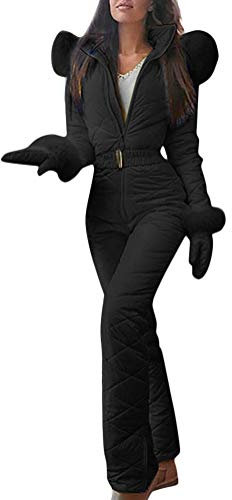 Minetom Damen Einteiliger Skioverall Winter Warme Schnee Skifahren Sätze Outdoor Jumpsuit Langer Overall mit Kapuze Reißverschluss Skianzüge wasserdicht Schneeanzug Schwarz 34