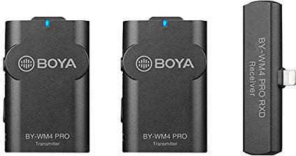 BOYA by-WM4 Pro Wireless Lavalier Microphone System 2 Transmitters with 1 Lighnting Connector Receiver for iPhone iPad iOS Devices Live Stream Broadcasting Blog