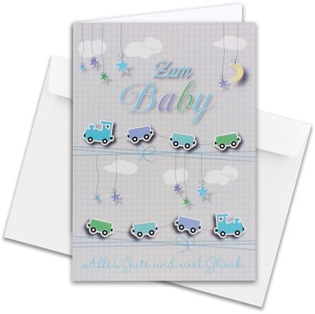 NEUSER PAPIER 1 Stück - XXL Glückwunschkarte Baby zur Geburt DIN A4 - große Babykarte - Set mit großem Umschlag DIN C4 - Spielzeug Zug - für Jungen