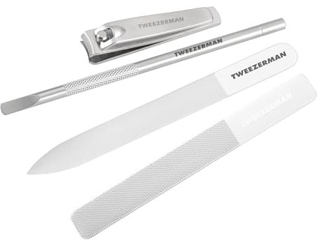 TWEEZERMAN Maniküre Set aus Glas (4 Teilig, mit Nagelknipser, Nagelfeile, Glasnagelbuffer, Pushy), Silber