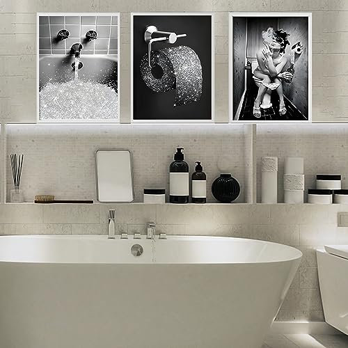 Moderne Badezimmer Leinwand Bilder, 3 Stück Schwarz und Weiß Leinwand Poster Set Moderne Lustige Badezimmer Wand Kunst Poster-ohne Rahmen(A,3x30x40cm)