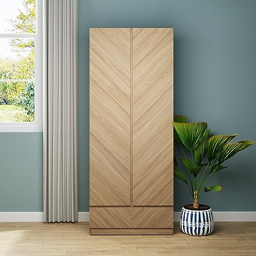 GFW Catania 2 Door Hanging Rail, Deep Top Shelf & 1 Drawer Wooden Wardrobe, Modern Bedroom Furniture Clothes Storage With Euro Oak Design Finish, Oak, H-195cm x W-79cm x L-51.5cm