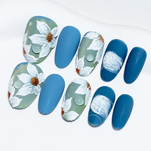 Sun&Beam Nails Handmade Press-on Medium Long Amlond Blue White Flower Hand-Painted Japanese Design Fashion False Nail Tips 10 Pcs Set (#060 M)
