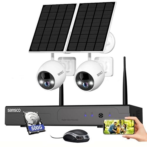 SANSCO Solar Security Cameras System Outdoor, 10CH NVR Wireless Recorder with 500GB Hard Drive,360 Days Storage, 2X 4MP WiFi IP Surveillance Camera - No Monthly Fee, 2-Way Audio, 2K Color Night Vision