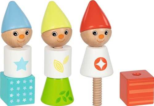 goki 58378 - Schraubklötze Zwerge aus Holz, Schraubspiel mit niedlichen Motiven und vielen Kombinationsmöglichkeiten, fördert Motorik und Hand-Augen-Koordination der Kinder, 12er Set, ab 2 Jahre