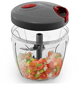 AARNAV Grey Manual Pull String Chopper Handy Chopper with 6 Blades for Chopping Vegetables, Fruits, Onions, Garlic, Meat - Curved Stainless Steel Removable Blades, Hand Manual Food Processor 900ml