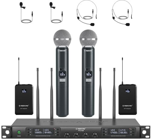 Phenyx Pro Quad Wireless Microphone System w/ 4x40 UHF Channels, Auto Scan, 2 Handheld Dynamic Mics, 2 Bodypacks & Headsets/Lapel Microphones for Singing, DJ, Church (PTU-7000-2H2B)