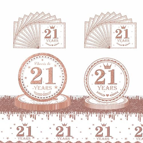 53Pcs Rose Gold 21st Happy Birthday Party Tableware Decorations for Her Plastic Table Cloth,7,9inch Paper Plates,Napkins for Women Birthday Table Party Tableware Set for Girls Women Adults