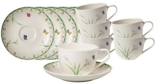 Villeroy & Boch Colourful Spring Kaffeetassen mit Untertassen 6er Set, 230 ml, Tassen-Untertassen-Set mit Schmetterlingen- & Blumen-Dekor, Premium Porzellan, Bunt