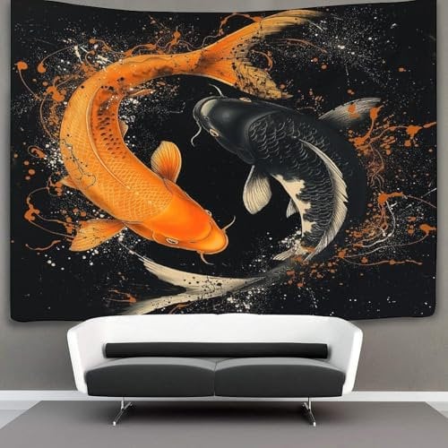 kaiyun Koi Wandteppich Wandtuch Wandbehang Tapestry Tapisserie Wanddekoration Yin-Yang-Diagramm Wandkunst Wandtücher 100cmx150cm