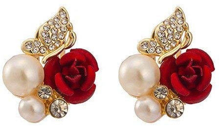 PULABO Boucles d 'Oreilles, Mode Femmes Rose Rouge Fleur Faux Perle Oreille Dormeuses Bijoux Cadeau De utile élégant