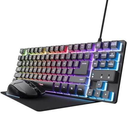 Trust GXT 1794 Set Gaming Tastatur QWERTZ DE Layout mit Funkmaus und Mauspad, 3-in-1 LED Gaming Paket, Wiederaufladbare Kabellose Maus 80 Stunden Akkulaufzeit, Kompakte TKL USB Tastatur PC, Schwarz