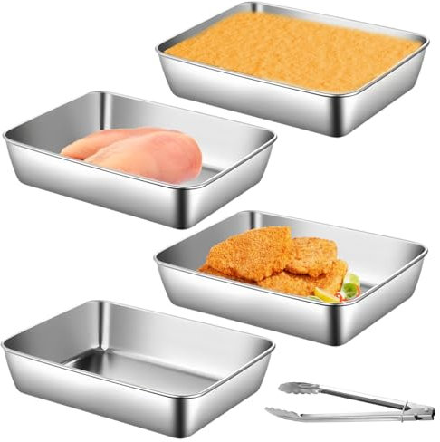 GOMETY Lot de 4 plats à paner en acier inoxydable - 25,5 x 20 x 5,5 cm - Avec pince à paner - En acier inoxydable - Pour viande, poisson, grillade