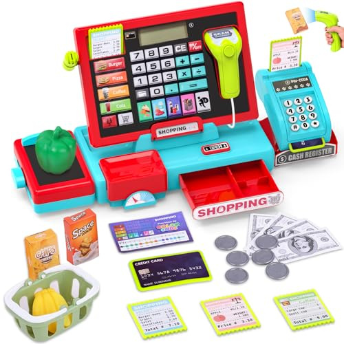 Caisse Enregistreuse Enfant Électronique avec Scanner et Sons | Caisse de Supermarché Jouet avec Accessoires (Monnaie, Panier, Balance), Jeu Éducatif pour Enfants dès 3 Ans
