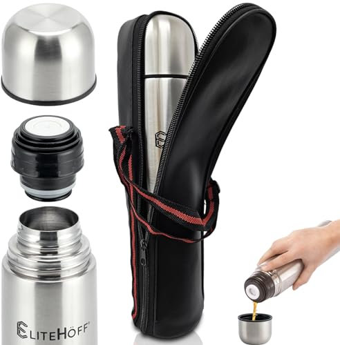 EliteHoff Thermosflasche mit Becher, Isolierkanne Edelstahl Doppelwandig (350ml, 500ml, 750ml oder 1L)+ Tragetasche für Thermoskanne (Silber, 750 ml)