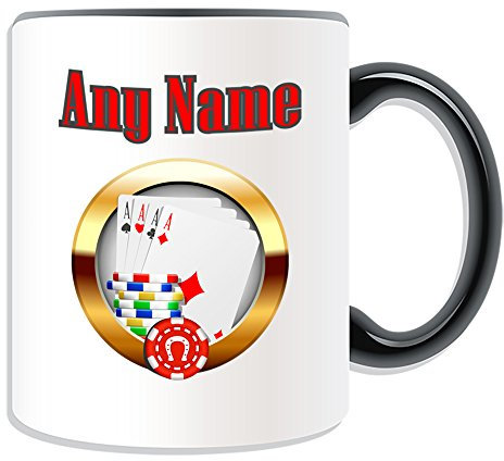 Personalisiertes Geschenk – Karten und Chips Baccara/Blackjack/Texas Holdem Tasse (Casino Design Thema, Farbe Optionen) – alle Nachricht/Name auf Ihre einzigartige – Hold 'em Poker Chip, keramik, schwarz