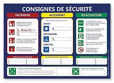 Consignes de sécurité en entreprise - Panneau d'affichage - Plastifié et effaçable - Kit de fixation inclus (pastilles adhésives) - Fabriqué en France