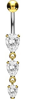 PIERCINGLINE Bauchnabelpiercing Titan 3 Kristalltropfen 925er Silber Piercing Bananabell Banane Goldfarben