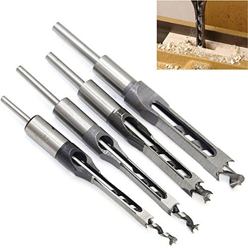 REFURBISHHOUSE 4 pieces ensemble de forets a trous carres pour le travail du bois et a mortaiser en bois de scies a bois avec foret helicoidal Outils electriques de ciseau a mortaiser de bricolage