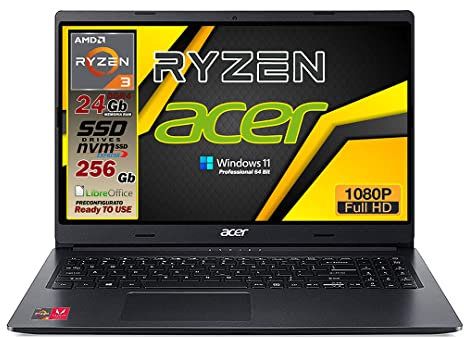 acer Notebook AMD RYZEN 3 3250u, fino a 3,5 GHz, RAM 12Gb, SSD 256GB M2 pci, display 15.6 Full HD, 3 USB, Wi-Fi, hdmi, BT, lan, Win 11 pro, Libre Office, Pronto all'uso, Garanzia e layout Italia
