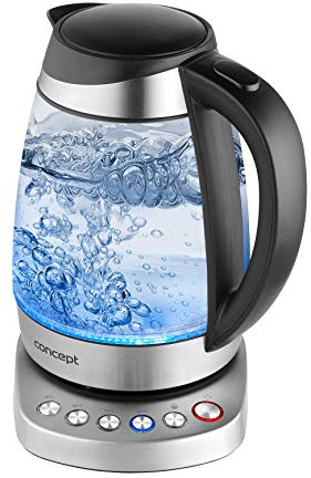 CONCEPT Hausgeräte RK4130 Glas Wasserkocher, Herausnehmbarer Anti-Kalk-Filter, 1,7 L mit Temperatureinstellung, KEEP WARM, 2200 W, edelstahl/glas