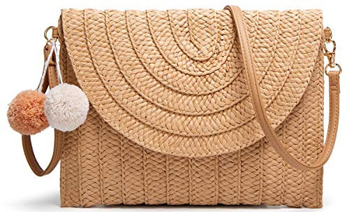 Bolso cruzado de paja para mujer, tejido a mano, con pompones, para verano, playa, cartera, A-caqui, Medium