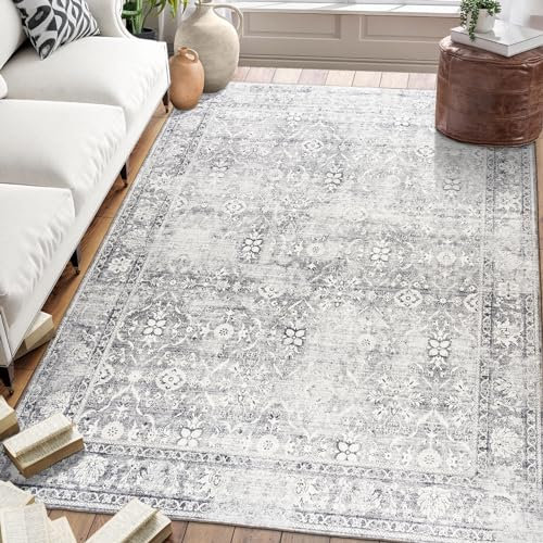 ReaLife Maschinenwaschbar Teppich - Wohnzimmer Schlafzimmer Badezimmer Küche Flur Büro - rutschfest Kurzflor Premium-Fleckenbeständig - Boho Landhaus Vintage - Noor - Silber Elfenbein - 150 x 210