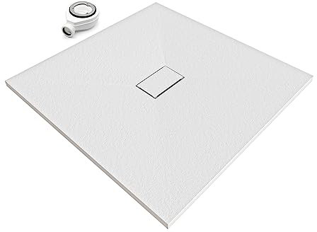 SMC BOREAL Duschwanne 100x100 cm, extra flache und robuste Duschtasse 26MM aus langlebigem SMC mit ANTI-Rutsch-Oberfläche In Schieferoptik/Steinoptik inkl. Ablaufgarnitur mit SMC Deckel - Weiß