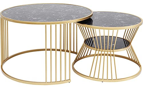 Kare Design Couchtisch Roma (2/Set), Schwarz/Gold, 80cm Durchmesser, Wohnzimmertisch, Beistelltisch, Stahl Gestell, Minenalmarmor Tischplatte, rund, 50x80x80 cm (H/B/T)