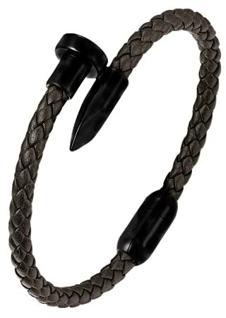 BIYONGDE Mens Womens Braided Leather Bangle Bracelet, Stainless Steel Black Nail Charm, Magnetic Clasp, 8.66 inches, Leather, no gemstone,