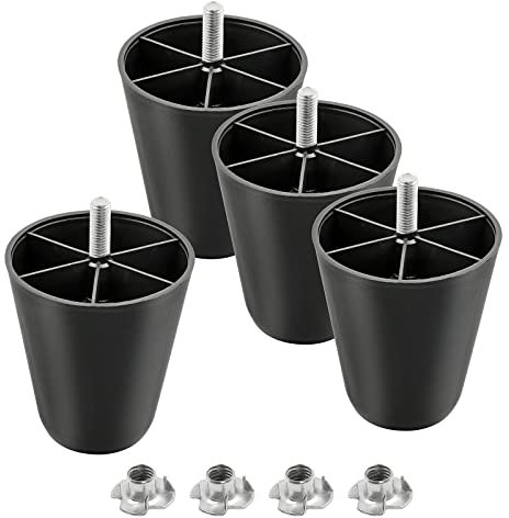 Masendelk M10-1.5 Metric Thread Bolts Plastic Furniture Legs 4 Inch Black Round Tapered Sofa Feet with T-Nuts - Couch Feet Replacement - Couch Legs Set of 4