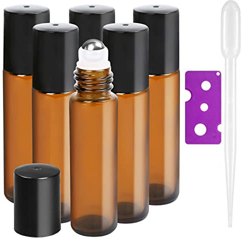 Maggidea 6Pcs,10ml,Essential Oils Roller Bottles Glass Roll on Bottles with Stainless Steel Roller Balls,Perfect for Fragrance/Travel/Lip Gloss,Aromatherapy (Included 1 Bottle Opener and 1 Dropper)