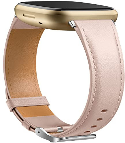 Dirrelo Echtes Leder Armband Kompatibel Mit Fitbit Versa 3/4/Sense/Sense 2 für Damen Herren, Ersatzband, Rosa