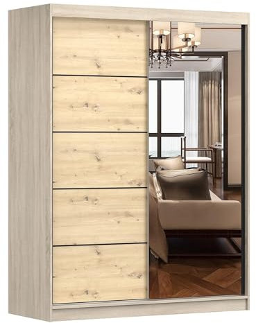 Fabryka Mebli Idźczak - Armoire Vista 05 Avec Miroir, 2 Portes Coulissantes 150 x 200 x 61 cm, Moderne Pour Chambre et Salon - Sonoma/Artisan