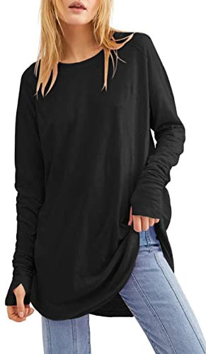 Ebifin Long Sleeve Tops Womens Long Jumpers Crewneck Tunic Tops Loose Fit Sweatshirts with Thumb Holes.Black.L