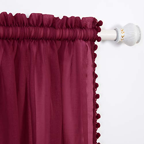 Elegant Comfort Semi-Sheer Pom Pom Tassels Curtains - 2 Panels Set - with 2inch Rod Pocket - Solid Sheer Curtain Drapes for Living Room, Bedroom, W60 X L84, Burgundy