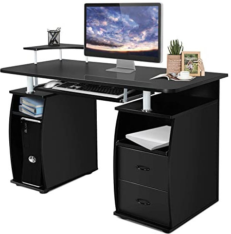 LIFEZEAL Scrivania di Lavoro per Computer, Vassoio Estraibile per Tastiera, Porta PC e Stampante, 2 Cassetti, 2 Ripiani, 1 Scomparto, Moderno, Ideale per Studio, Uffico, Legno, Nero, 120x55x85 cm