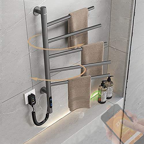 UVCMDUI LCD Smart Radiator Towel Rail 180° Rotation, WIFI Heated Towel Rail Electric Timer 1-8 Hours, 4 Modes, Electric Towel Rail Temperature Adjustable 45-70°, Electric Towel Radiator,Grey