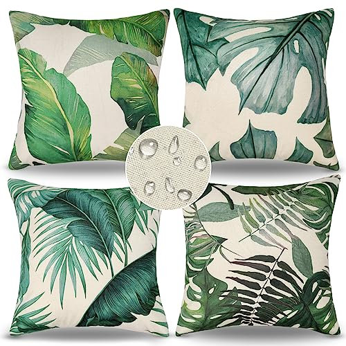 4er Set Outdoor Wasserdichte Kissenhüllen 40x40 Grün Blätter Wasserdichte Leinen Kissenbezug Moderne Abstrakte Blumen Aquarellmalerei Dekokissen für Sofa Couch Wohnzimmer Schlafzimmer (B)
