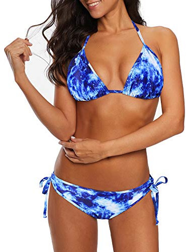 Durio Bikini Damen Push up Sexy 2tlg Bikini Damen Set mit Triangel Bikinihose Breit von Körpchen Verstellbar Blau tie-dye 40-42