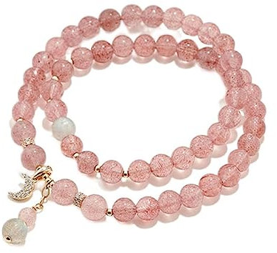 Erdbeer-Kristall-Armband, weiblicher Mondstein, Hibiskusstein, rosa Kristallschnur, BFF-Geschenk