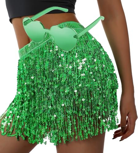 Paillettenrock, glitzernder Fransenrock, Bauchtanz, Hüftschal, Rave-Kostüm, Glitzer-Rock mit Herz-Sonnenbrille, für Damen und Mädchen, Grün , Groß