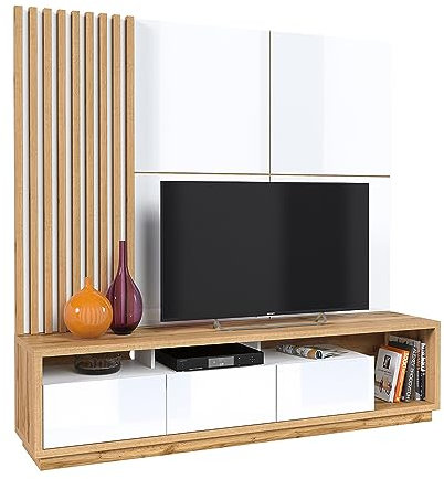 Lomadox Wohnwand TV-Wand braun & weiß Hochglanz 3-teilig Modern mit Eiche Nb. inkl. TV-Lowboard