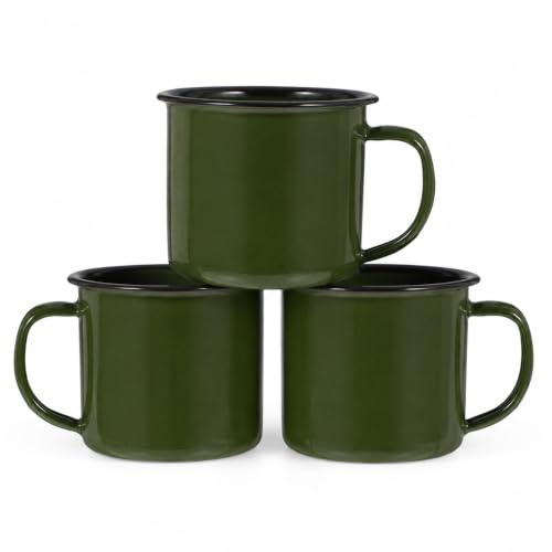 Healvian Enamel Mug Set of 3, Vintage Metal Camping Cups | Enamel Camping Mug with Ergonomic Handle for Coffee Tea Water, Green Enamel Finish,for Home Outdoor Picnic and Travel