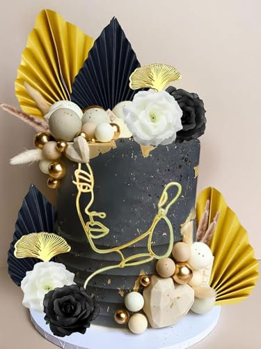 JeVenis Schwarzer Acryl Kuchenaufsatz mit minimalistischem Kunst Lady Gesicht brüllender 20er Jahre Kuchen Champagner Rosen Blumen Hochzeitstortenaufsatz für Hochzeit Brautparty Geburtstag